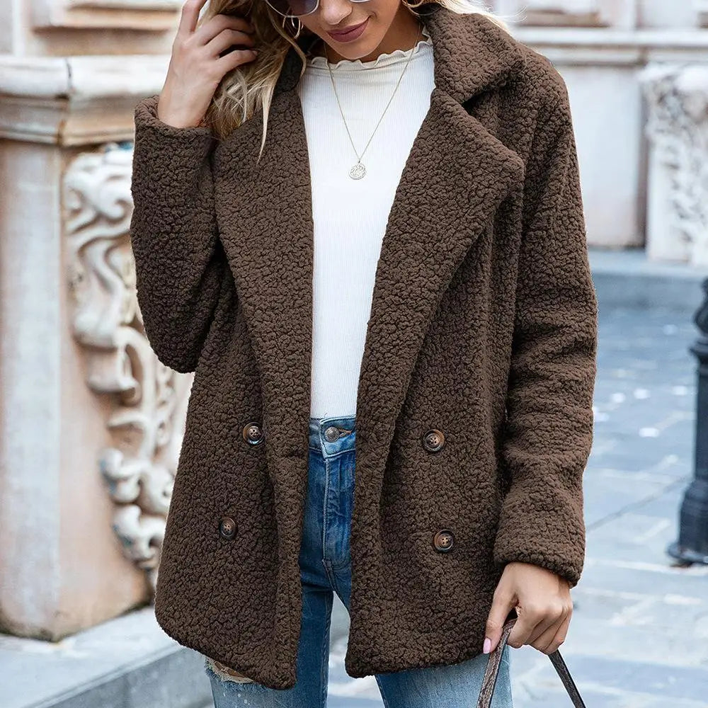Women’s Teddy Coat – Oversized Fit – Plush Fleece – Double-Breasted Hip Length Style