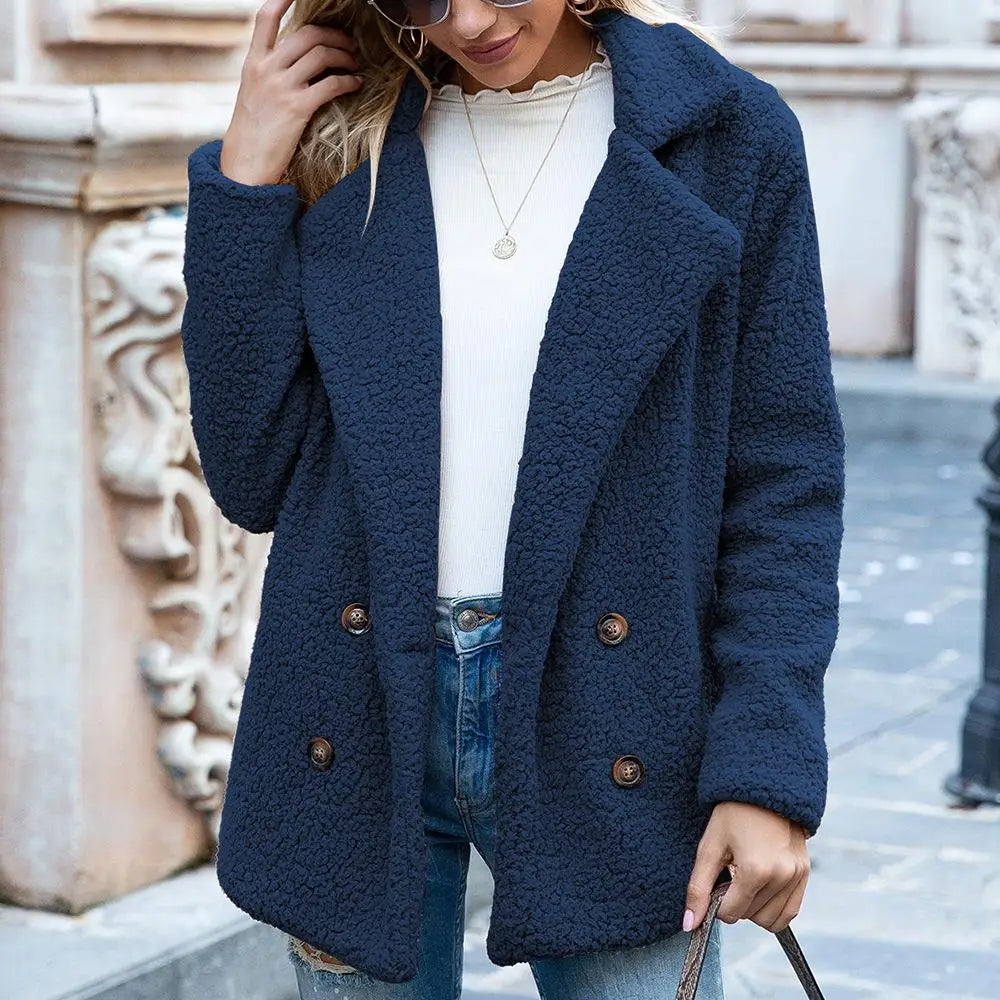 Women’s Teddy Coat – Oversized Fit – Plush Fleece – Double-Breasted Hip Length Style