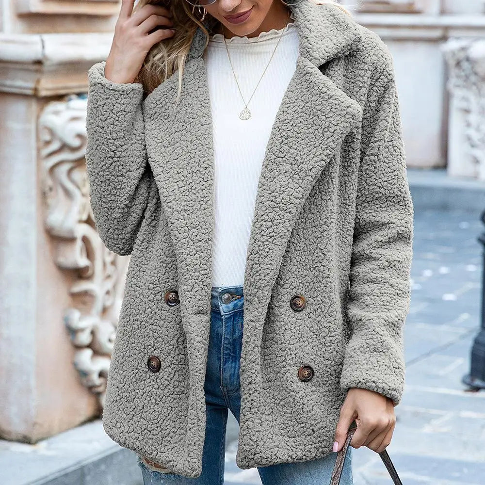 Women’s Teddy Coat – Oversized Fit – Plush Fleece – Double-Breasted Hip Length Style