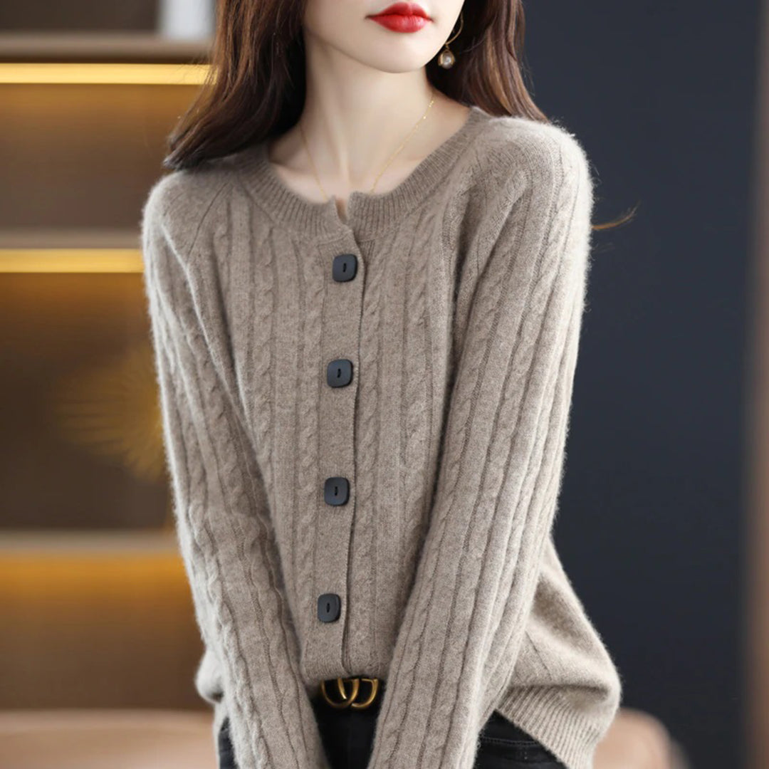 Women’s Cardigan Sweater – Wool Knit – Relaxed Fit – Cable Knit – Button Front – Ribbed Hem