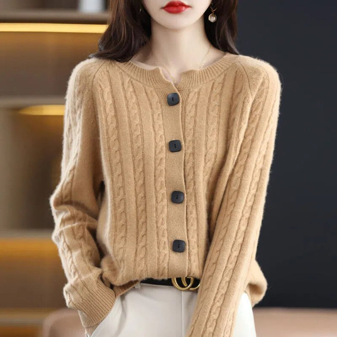 Women’s Cardigan Sweater – Wool Knit – Relaxed Fit – Cable Knit – Button Front – Ribbed Hem