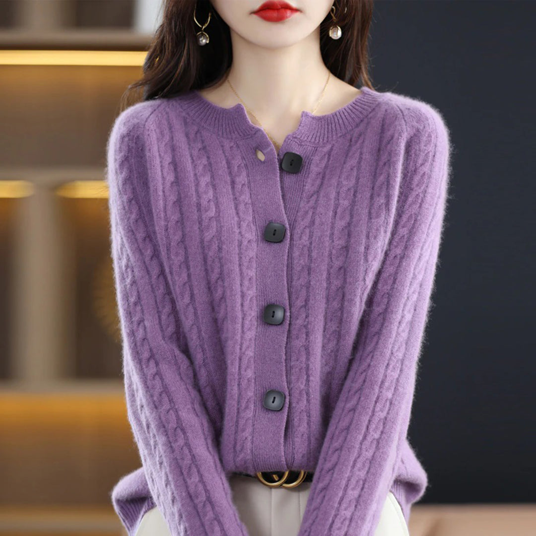 Women’s Cardigan Sweater – Wool Knit – Relaxed Fit – Cable Knit – Button Front – Ribbed Hem
