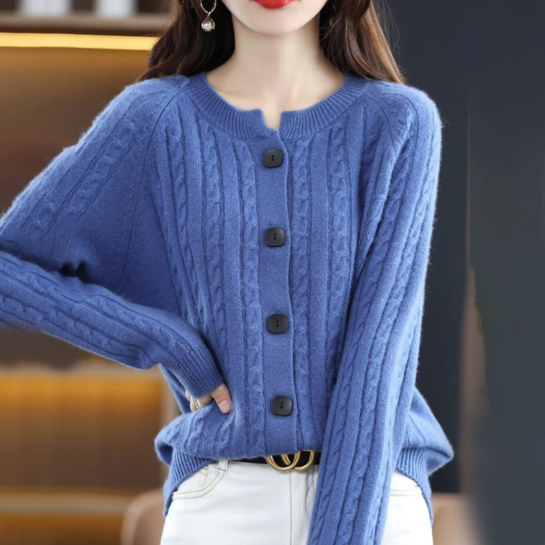 Women’s Cardigan Sweater – Wool Knit – Relaxed Fit – Cable Knit – Button Front – Ribbed Hem