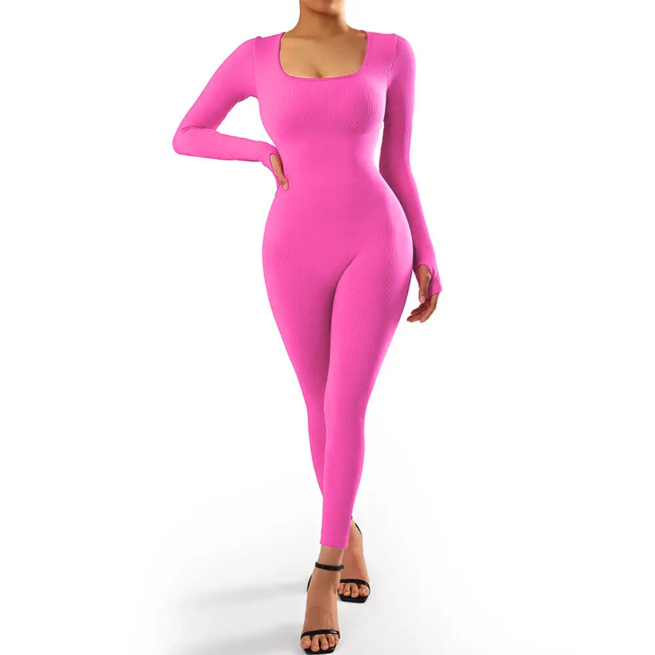 Women's Bodycon Jumpsuit - Long Sleeve Scooped Neck - Stretchable Full-Length Fit