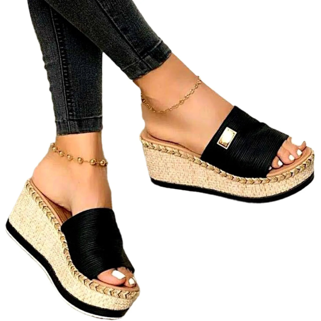 Women's Platform Sandals - Woven Jute Wedge Heel - Open Toe Slip-On Casual Wear