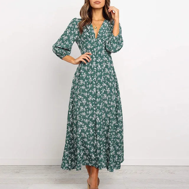 Women's Floral Maxi Dress - V-Neck - Three-Quarter Sleeves - Cinched Waist - Flowy Fit