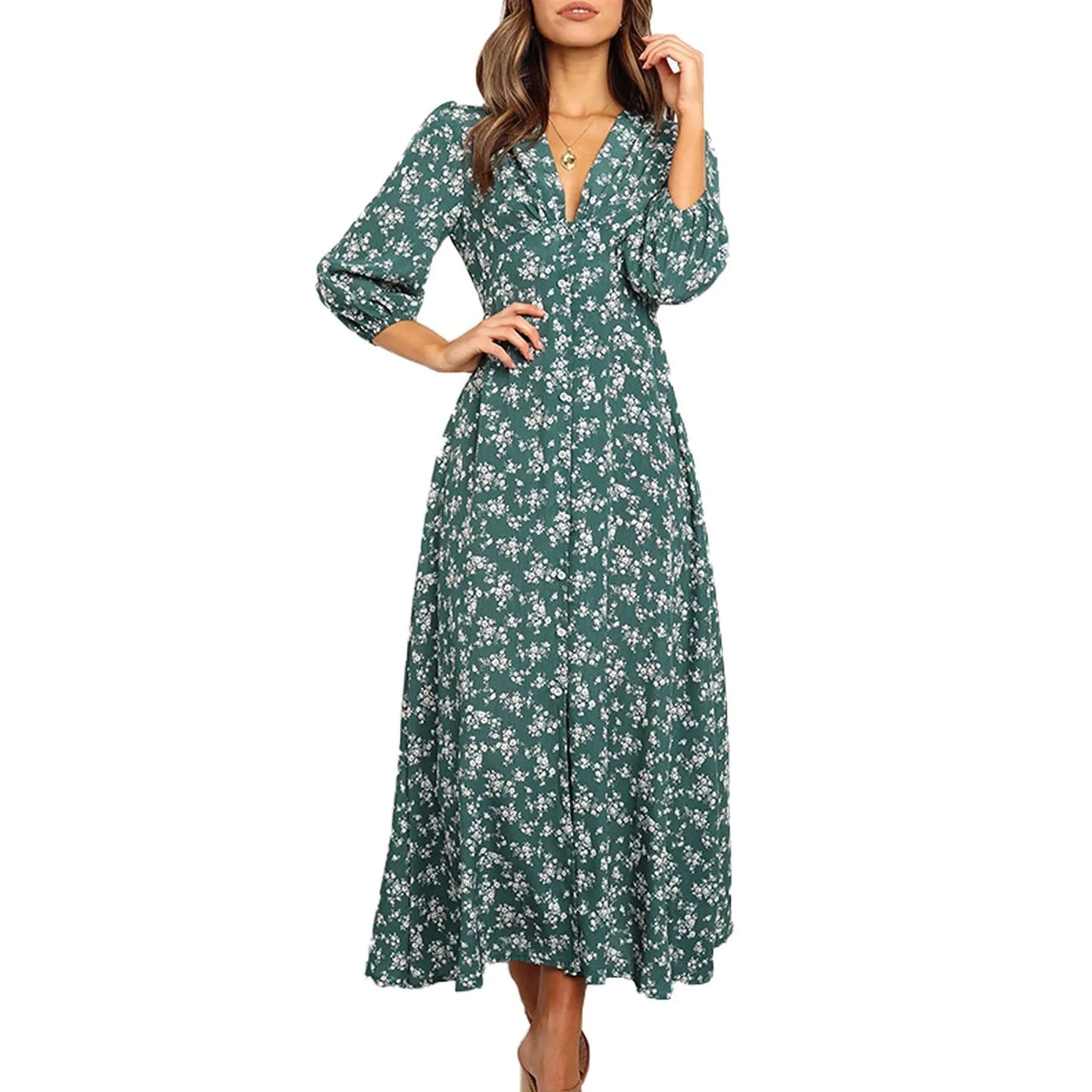 Women's Floral Maxi Dress - V-Neck - Three-Quarter Sleeves - Cinched Waist - Flowy Fit