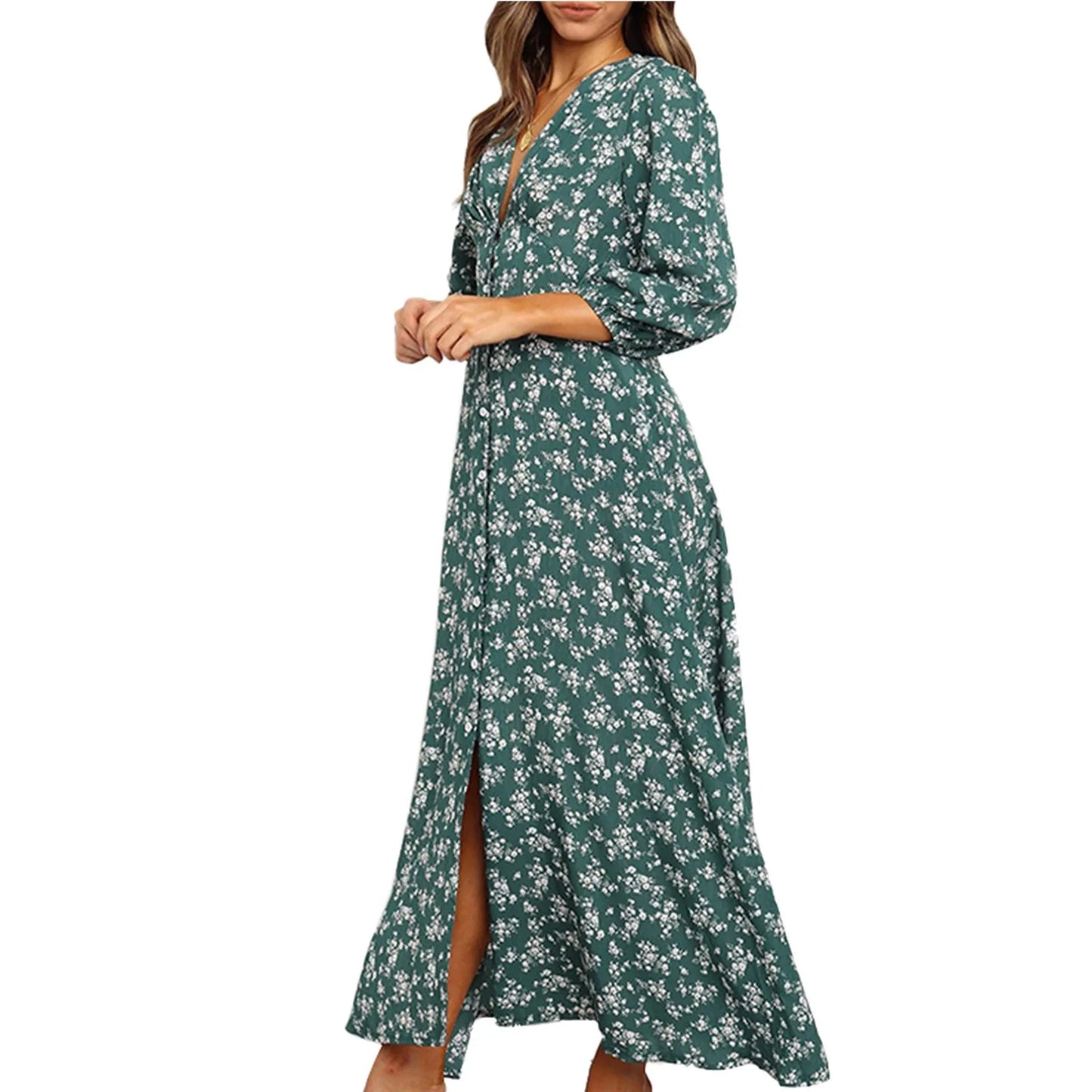 Women's Floral Maxi Dress - V-Neck - Three-Quarter Sleeves - Cinched Waist - Flowy Fit