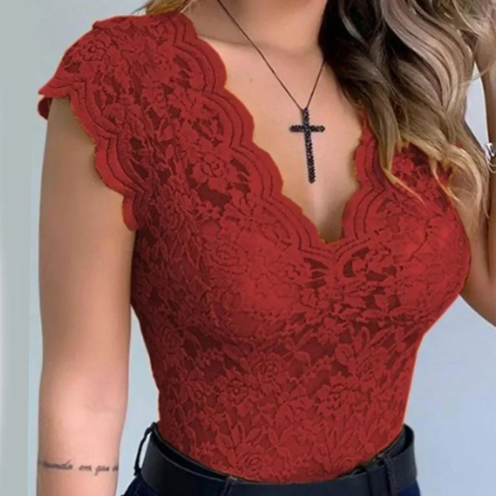 Women's Lace Bodysuit - Floral Sheer V-Neck - Sleeveless Slim Fit Elegant Wear