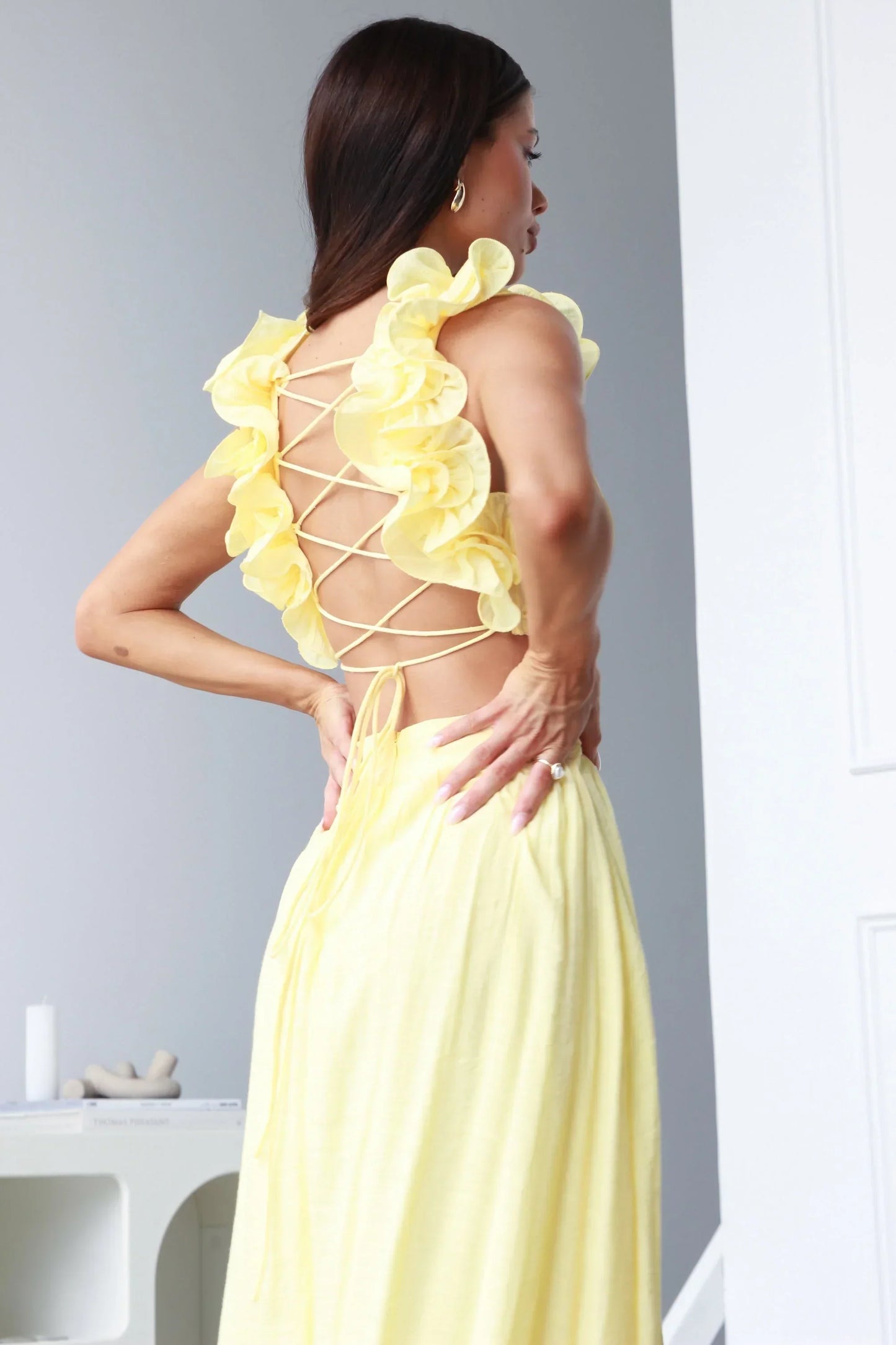 Women's Maxi Dress - Plunging V-Neck - Ruffle Shoulder - Flowing Floor-Length Skirt