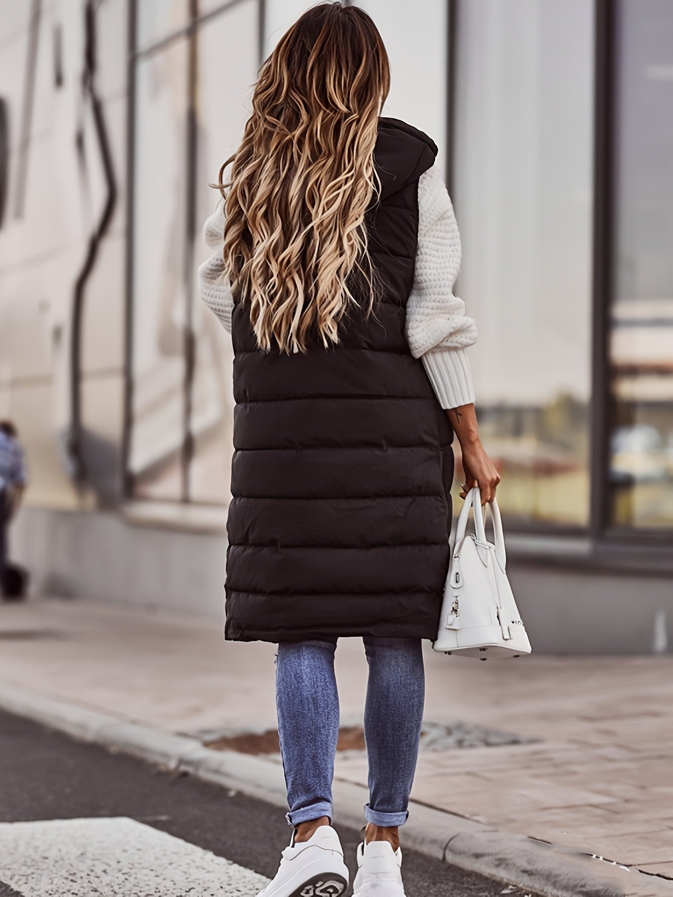 Women's solid color hooded single-breasted mid-length slim cardigan jacket