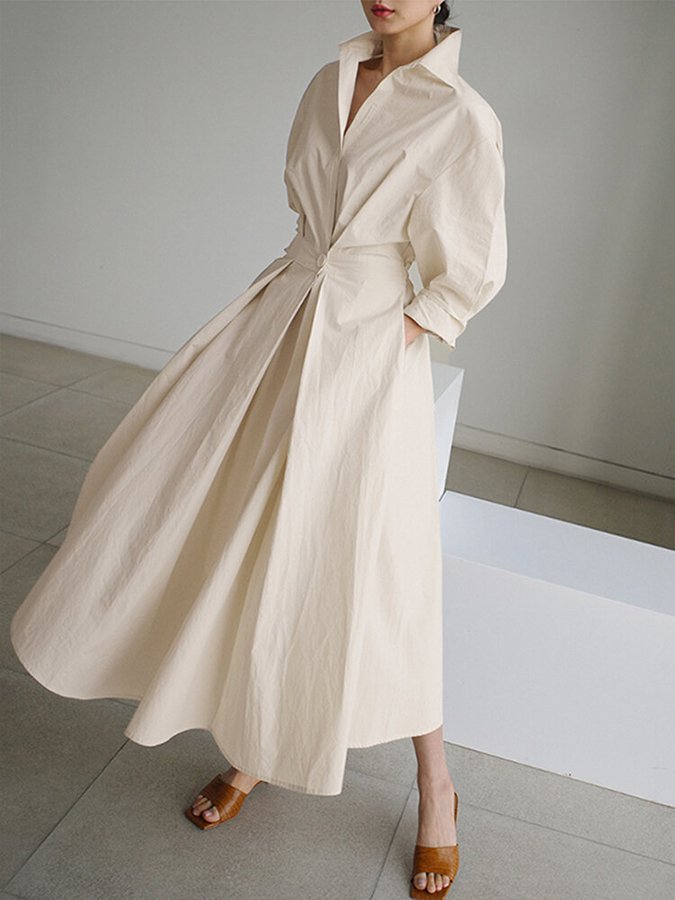 Women’s Midi Shirt Dress – Belted Waist – Collared Neck – Long Sleeve – Button Front