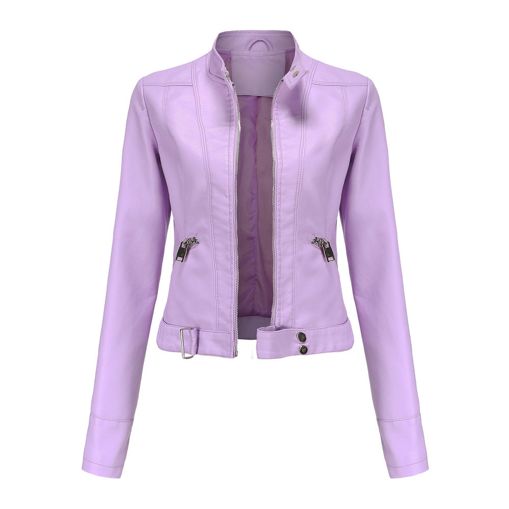 Women's plus size biker jacket with stand-up collar