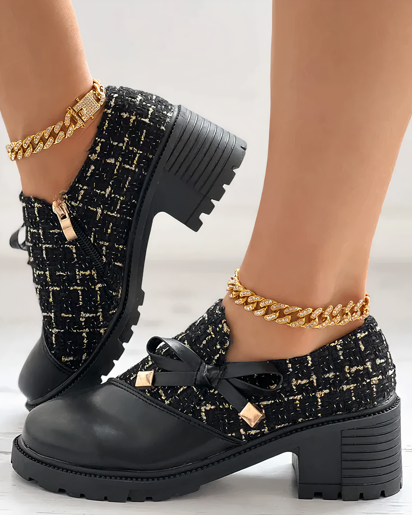 Women's faux leather thick heel shoes with bow