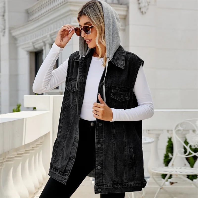 Drawstring Hooded Denim Casual Vest