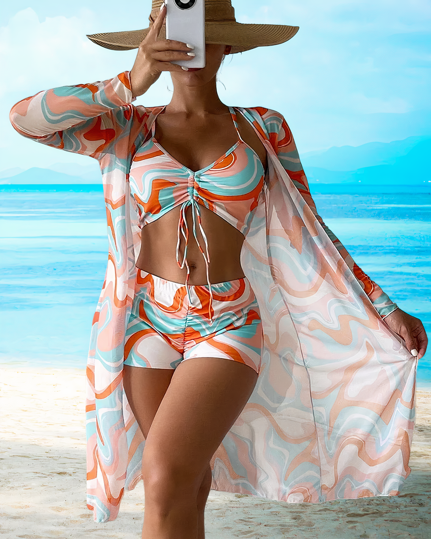 Women's 3-Piece Swimwear Set - Halter Bikini Top - High-Waisted Shorts - Sheer Cover-Up