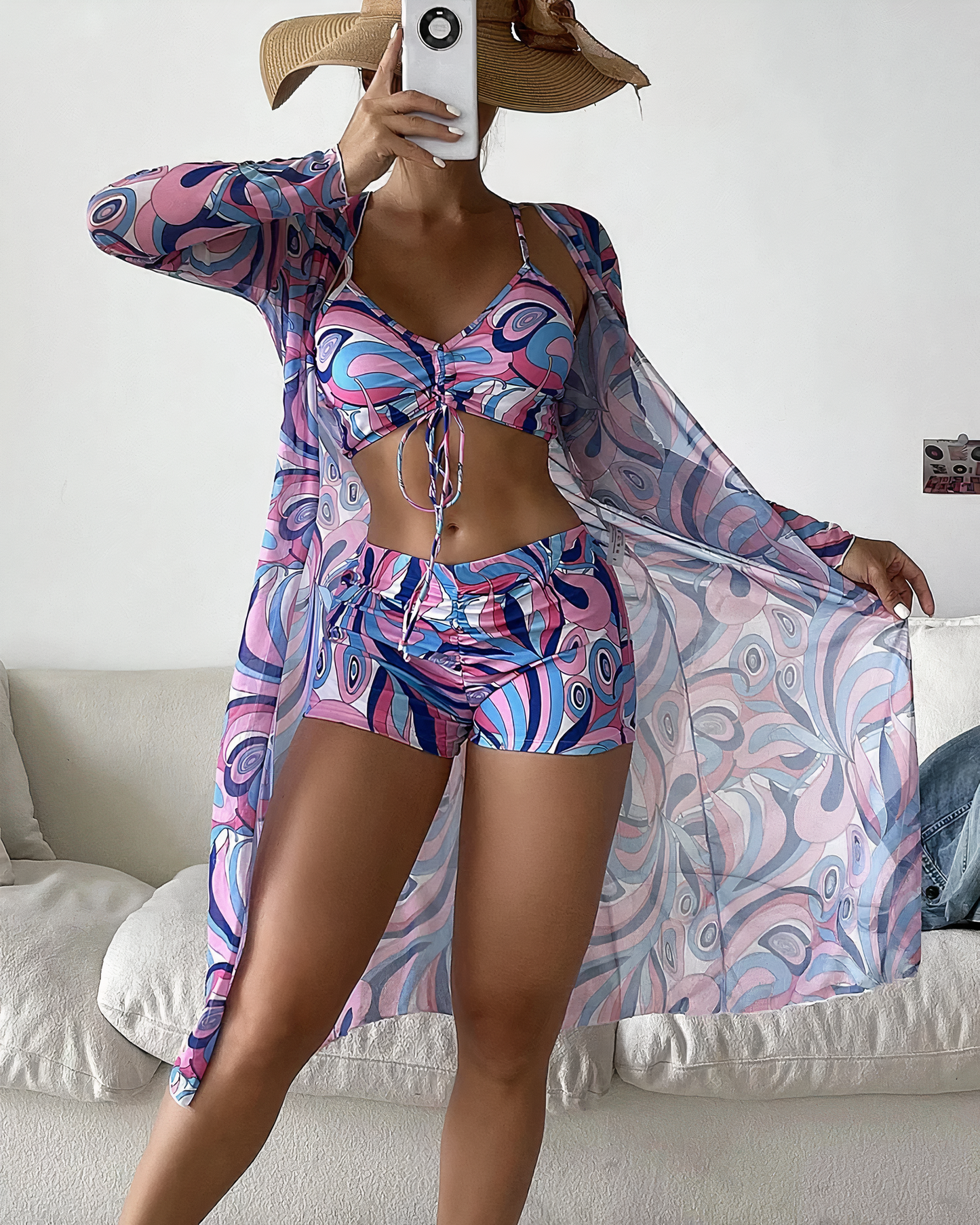 Women's 3-Piece Swimwear Set - Halter Bikini Top - High-Waisted Shorts - Sheer Cover-Up