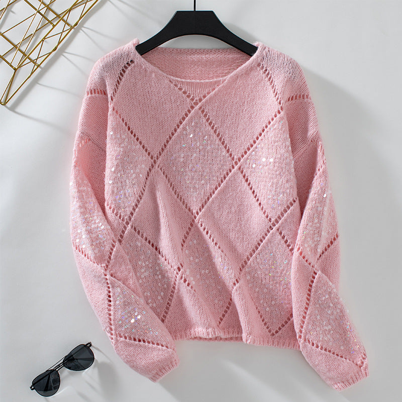Loose pullover knitted sweater with diamond pattern for women