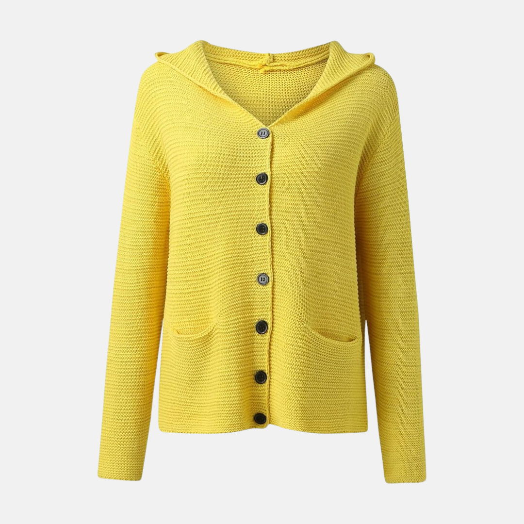 Women’s Hooded Knit Cardigan – Relaxed Fit – Button Front – Patch Pockets – Ribbed Cuffs