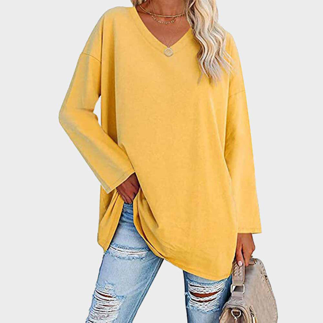 Women's Long-Sleeve Sweater - Loose Fit V-Neck - Soft Knit Casual Tunic