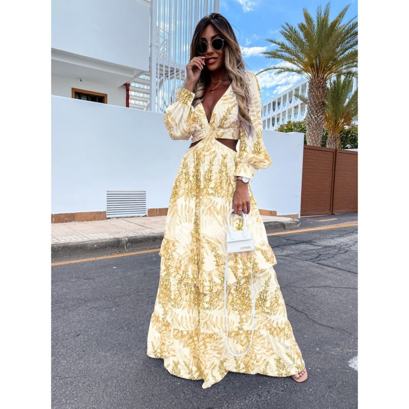 Women’s Maxi Dress - V-Neck - Long Sleeve - Waist Cut-Out - Flowy Floral Design