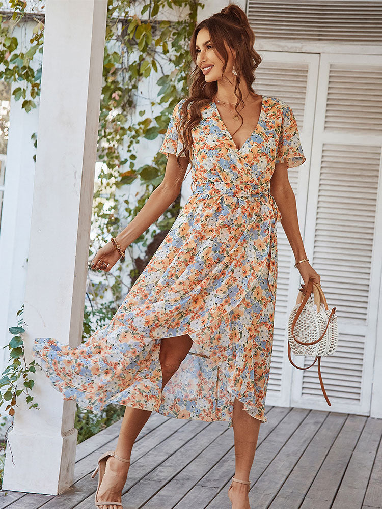 Floral Print Flowing Wrap Maxi Dress