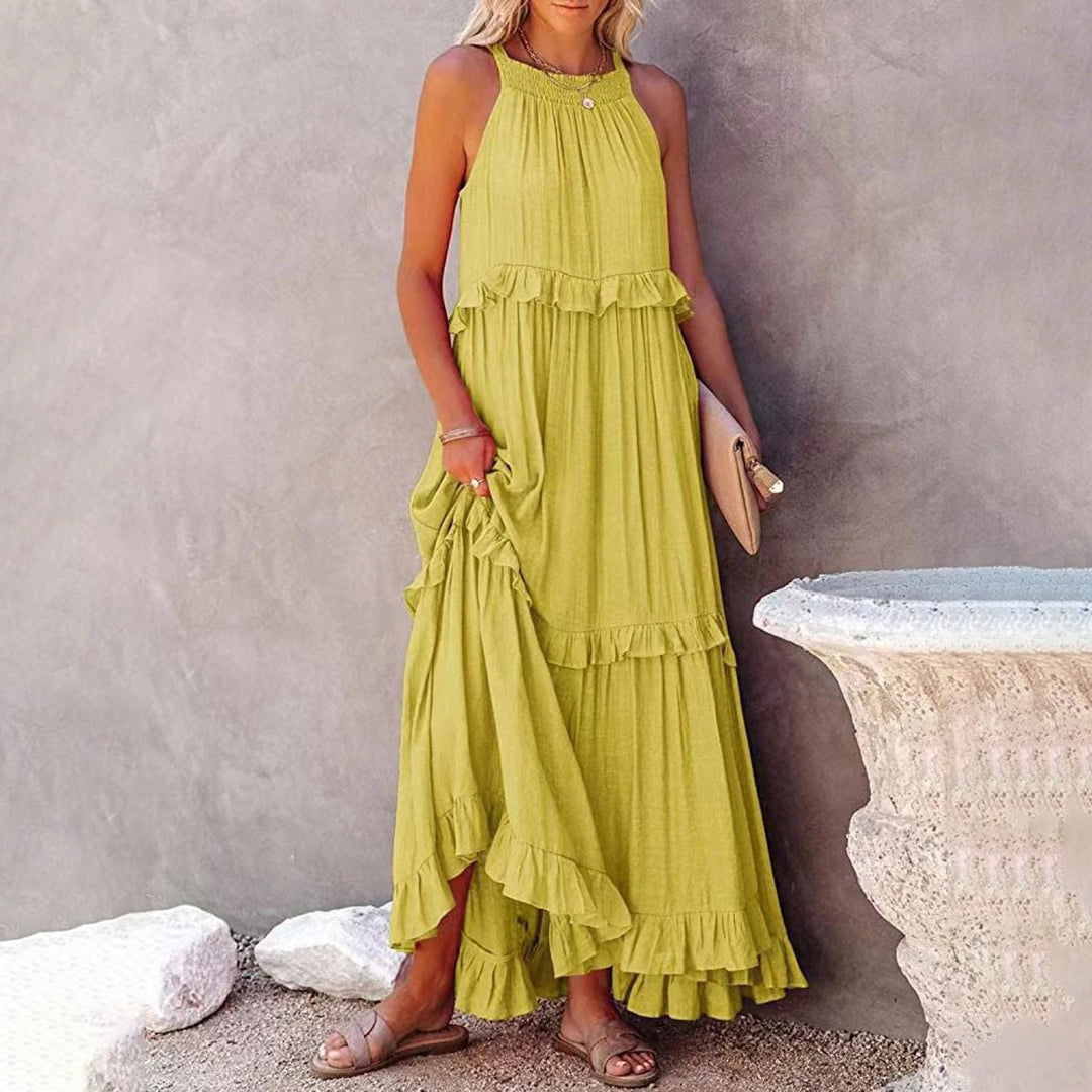 Women's Maxi Dress - Halter Neck - Flowy Fit - Ruffle Trim Elegant Full-Length