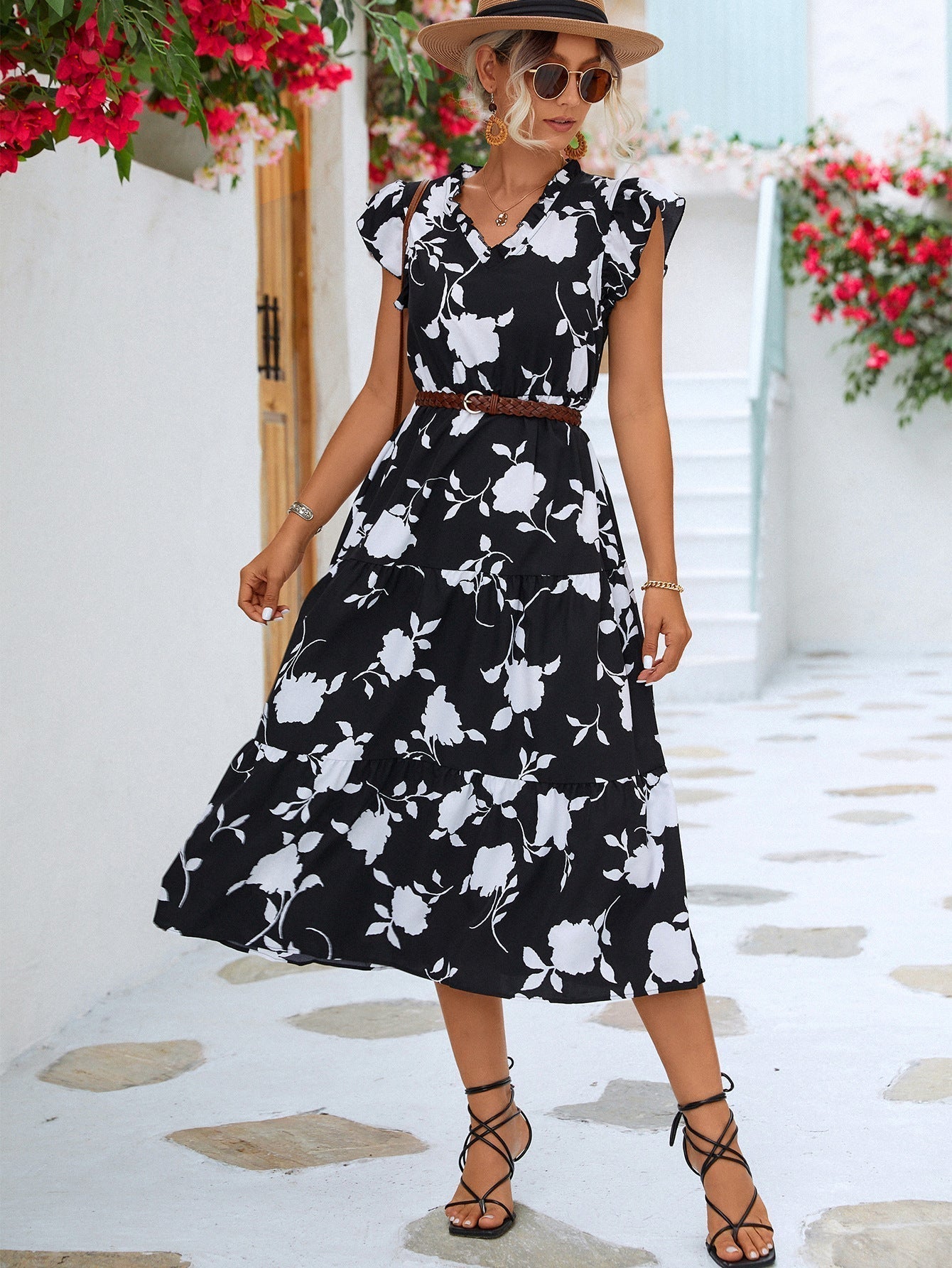 Women's Midi Dress - Floral Print - V-Neck - Flutter Sleeves - Elastic Waist - A-Line
