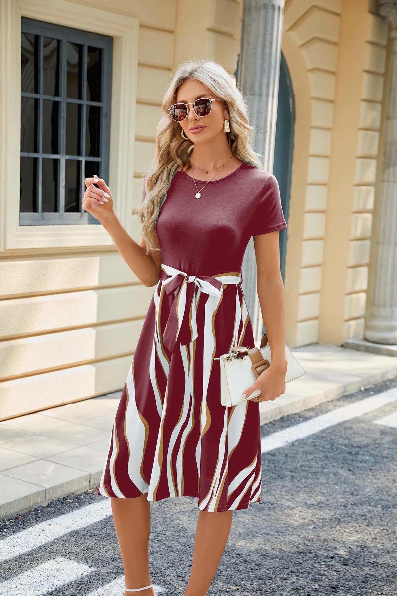 Belted Flowy Knee-Length Dress