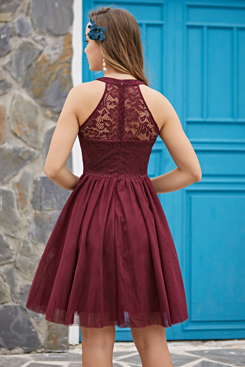 Floral Lace Halterneck A-Line Dress
