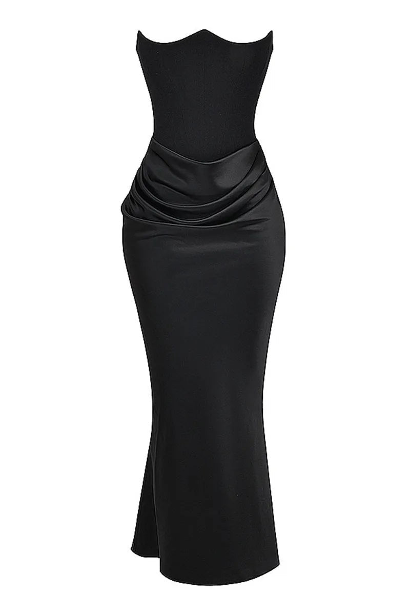 Women's Evening Gown - Strapless Satin - Fitted Silhouette - Ruched Floor-Length
