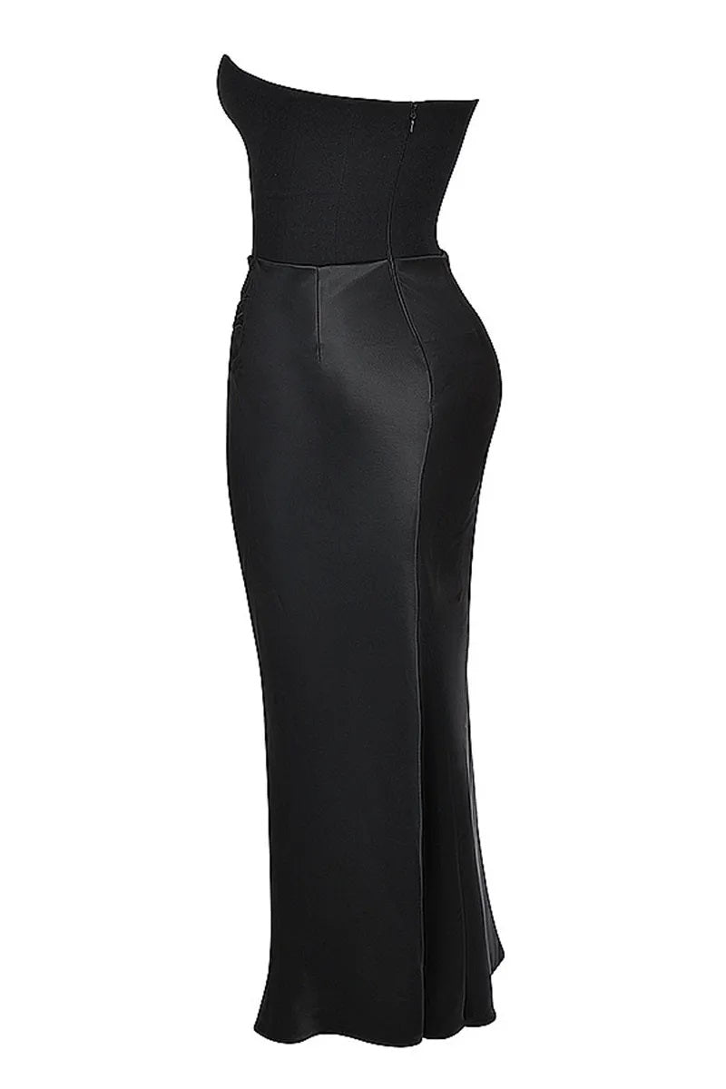 Women's Evening Gown - Strapless Satin - Fitted Silhouette - Ruched Floor-Length