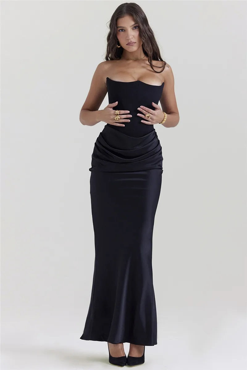Women's Evening Gown - Strapless Satin - Fitted Silhouette - Ruched Floor-Length