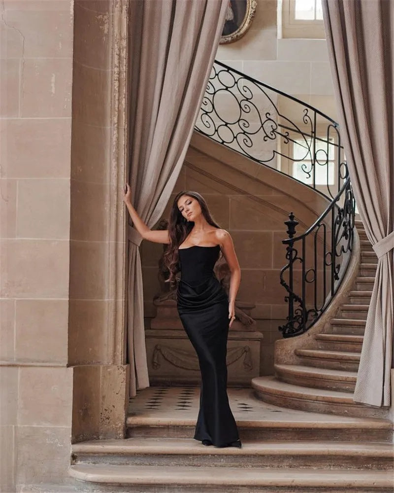Women's Evening Gown - Strapless Satin - Fitted Silhouette - Ruched Floor-Length