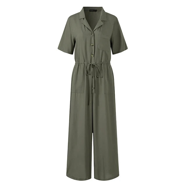 Women's Jumpsuit - Button Down - Short Sleeve - Drawstring Waist - Wide Leg