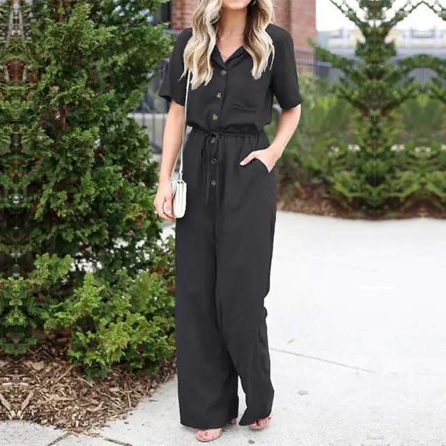 Women's Jumpsuit - Button Down - Short Sleeve - Drawstring Waist - Wide Leg