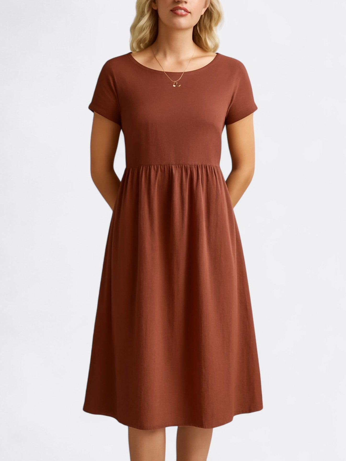 Women’s Midi Dress – A-Line Silhouette – Soft Draping Fabric – Short Sleeve – O Neck