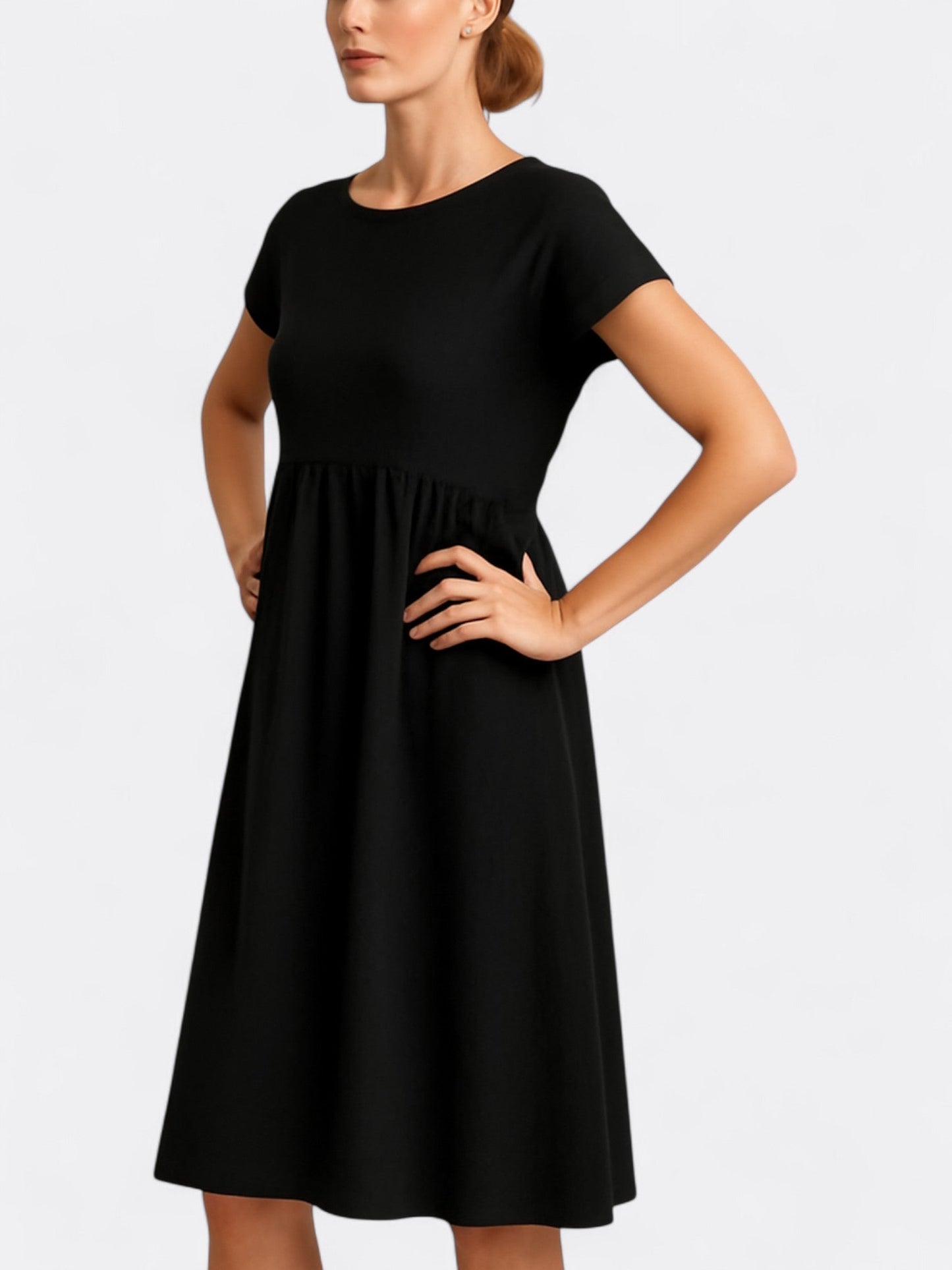 Women’s Midi Dress – A-Line Silhouette – Soft Draping Fabric – Short Sleeve – O Neck