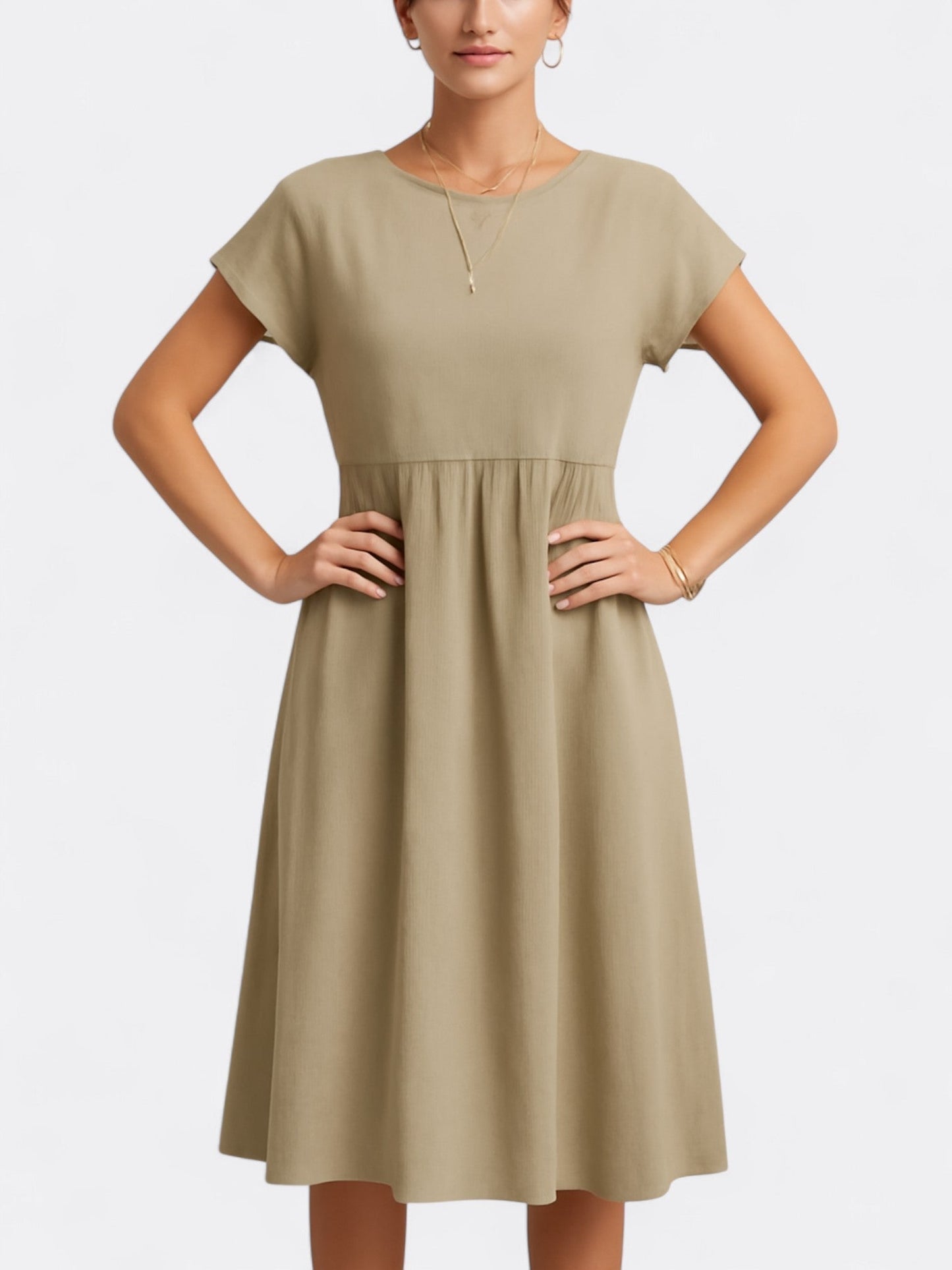 Women’s Midi Dress – A-Line Silhouette – Soft Draping Fabric – Short Sleeve – O Neck