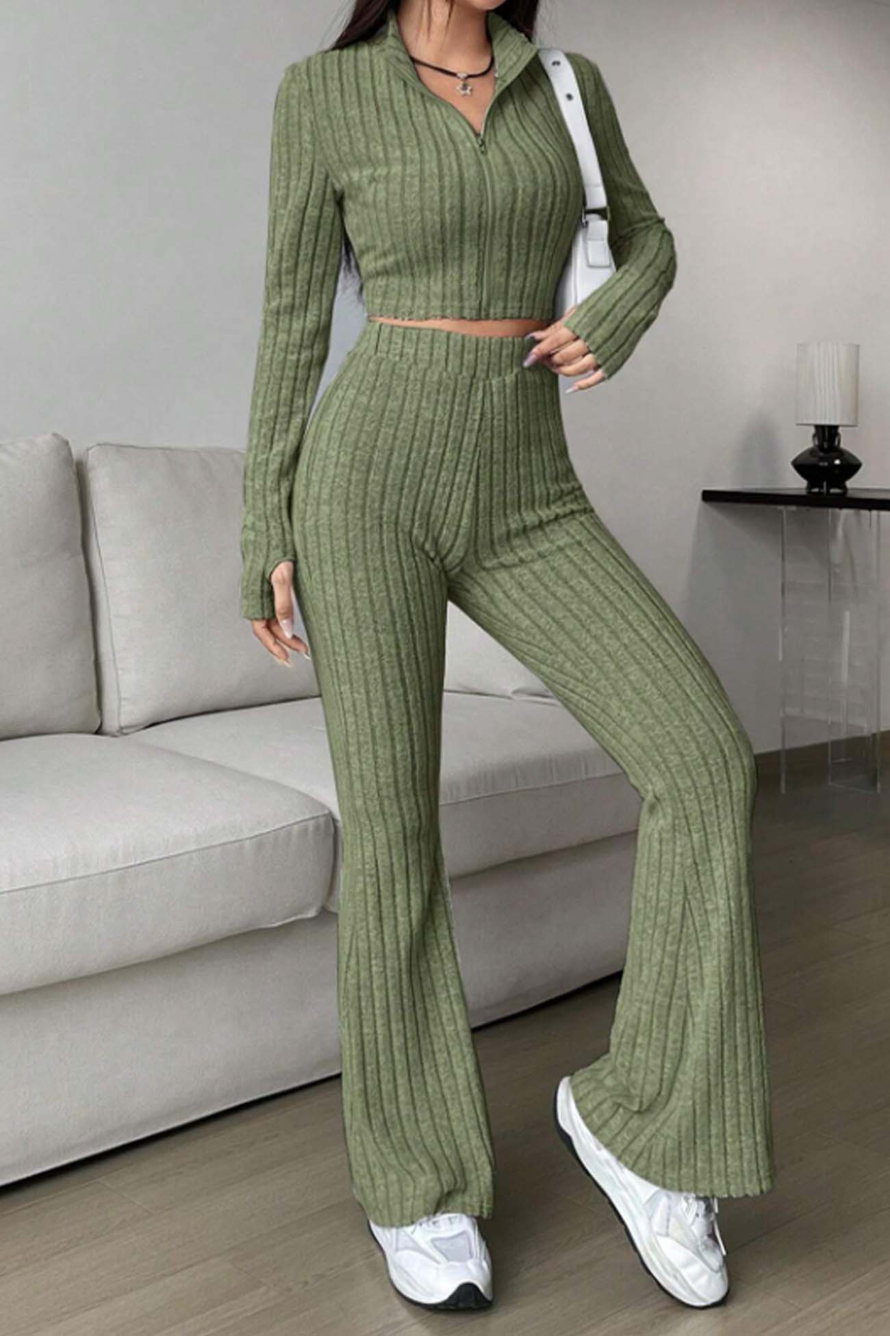 Women's zip long sleeve ribbed crop top and hig-waisted flared pants set