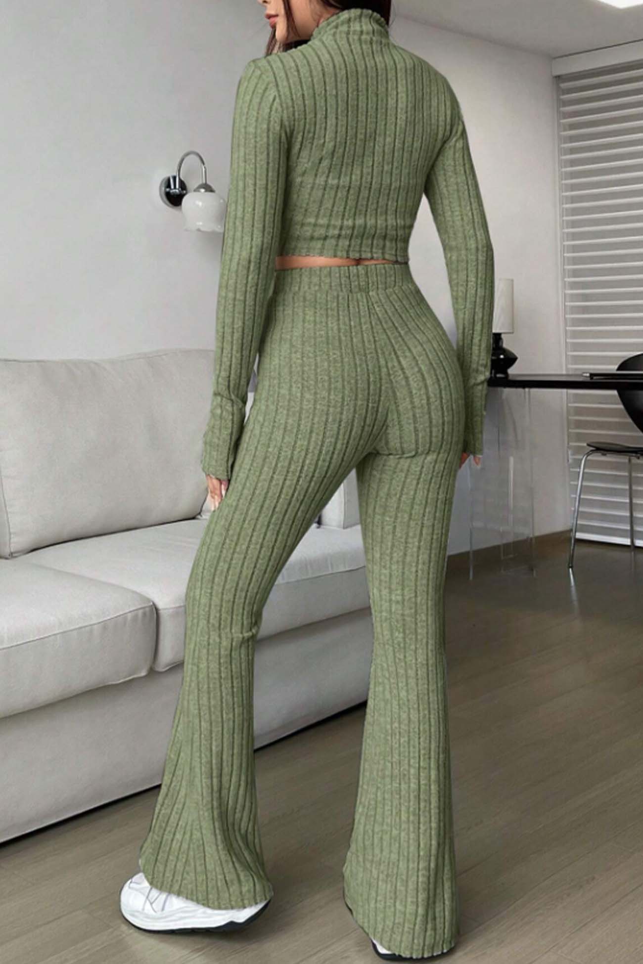 Women's zip long sleeve ribbed crop top and hig-waisted flared pants set