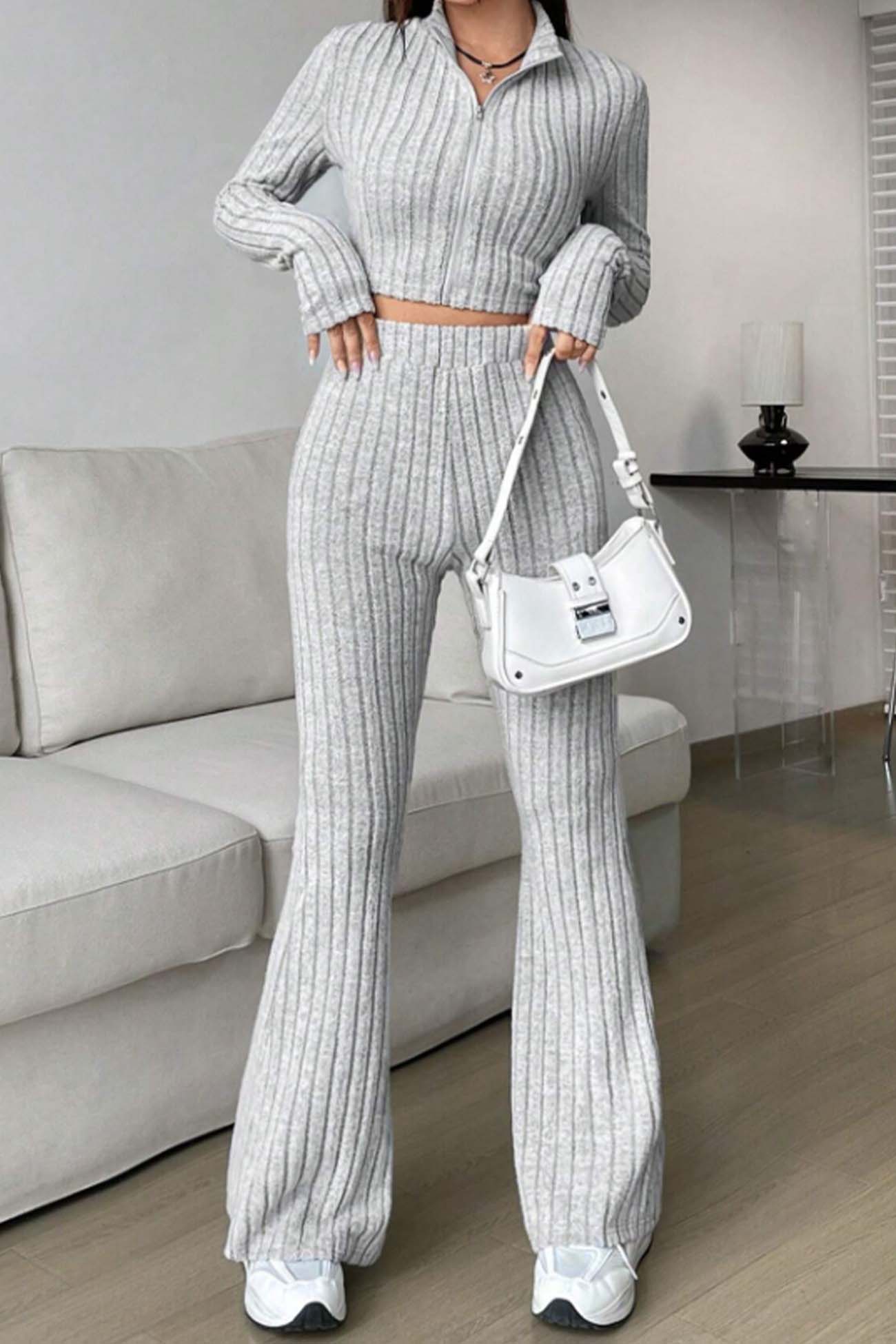 Women's zip long sleeve ribbed crop top and hig-waisted flared pants set