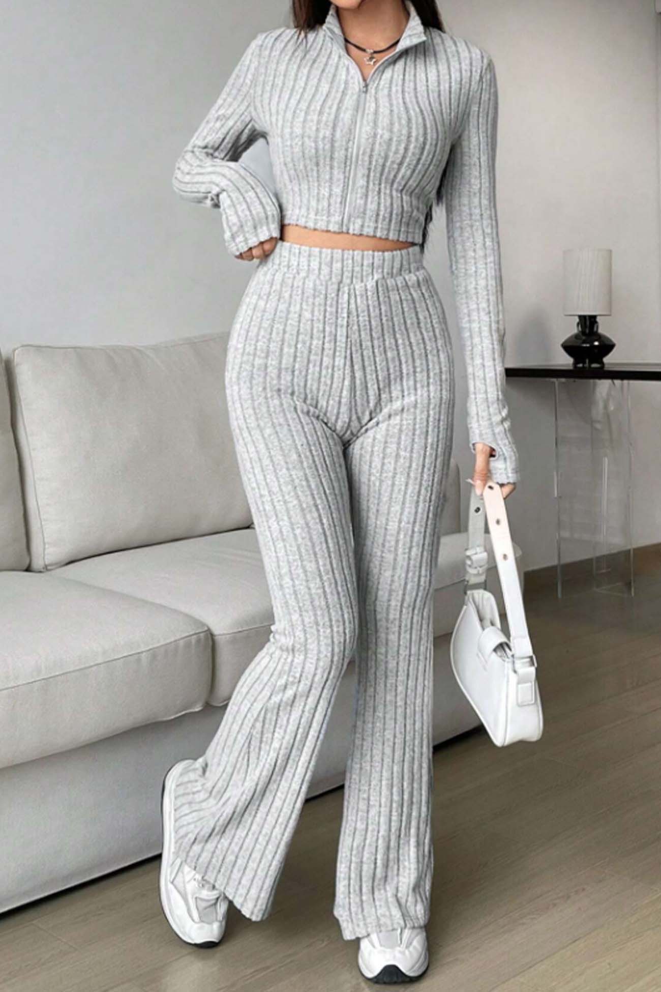 Women's zip long sleeve ribbed crop top and hig-waisted flared pants set