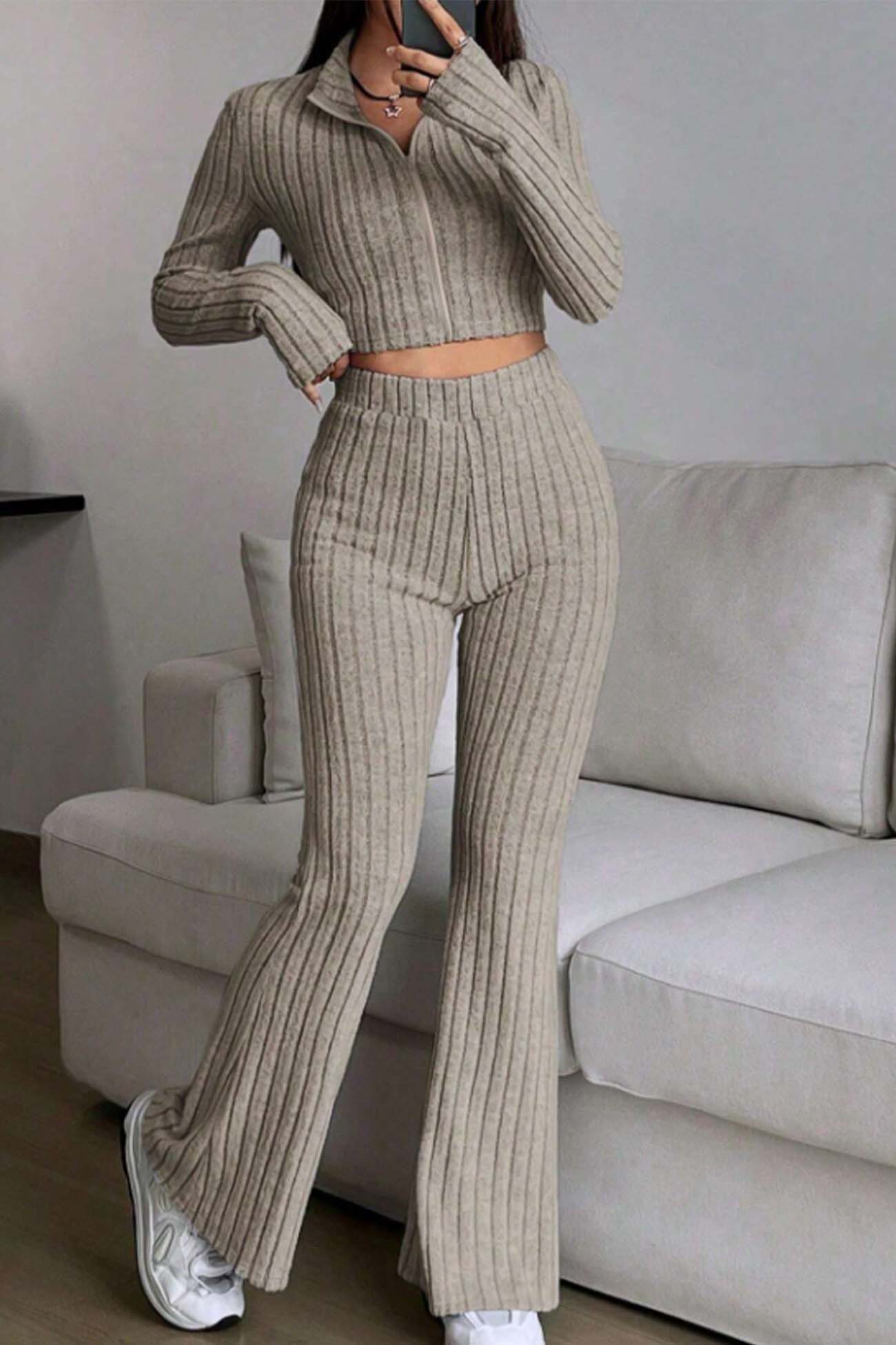 Women's zip long sleeve ribbed crop top and hig-waisted flared pants set