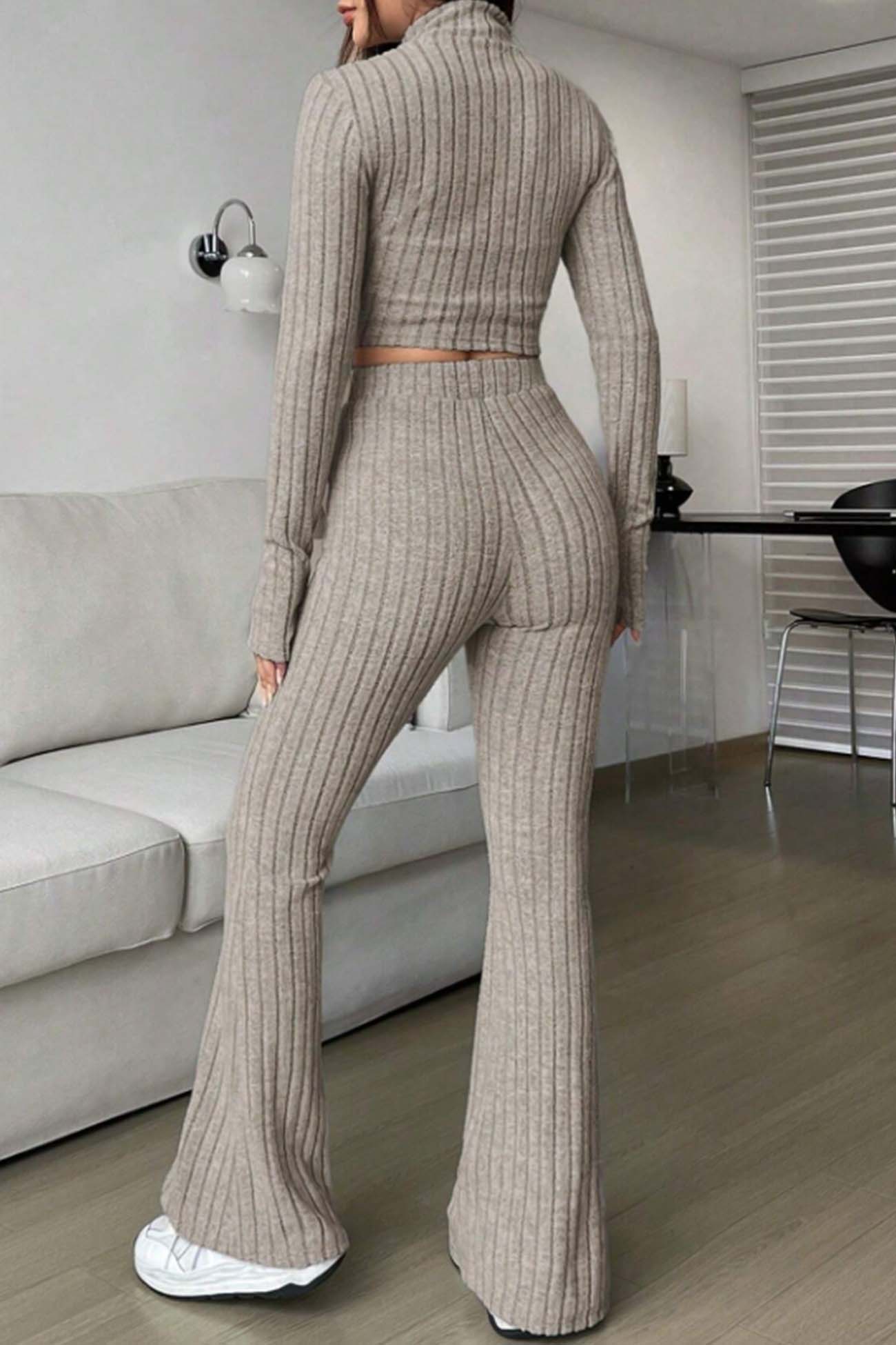 Women's zip long sleeve ribbed crop top and hig-waisted flared pants set