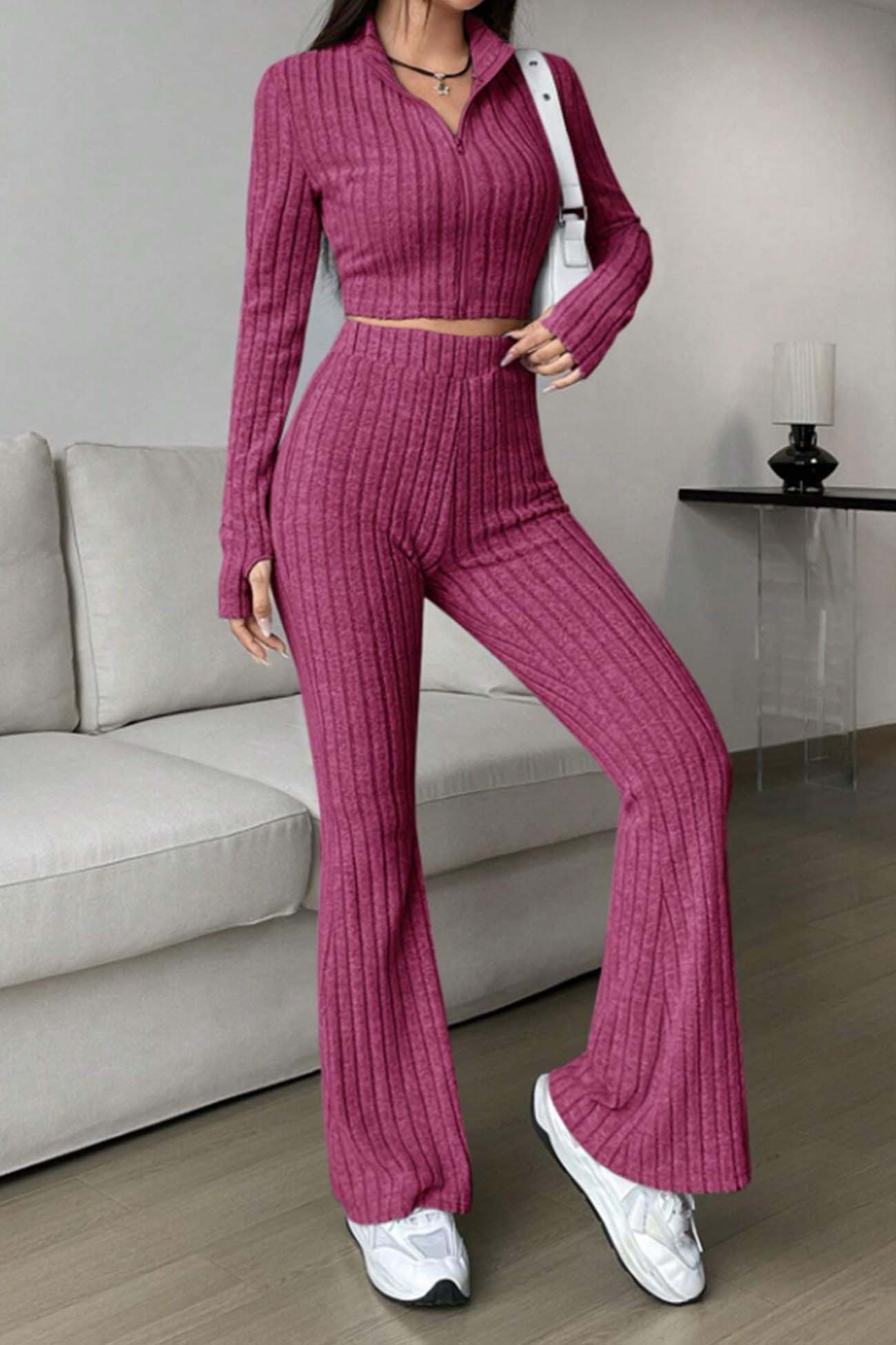 Women's zip long sleeve ribbed crop top and hig-waisted flared pants set