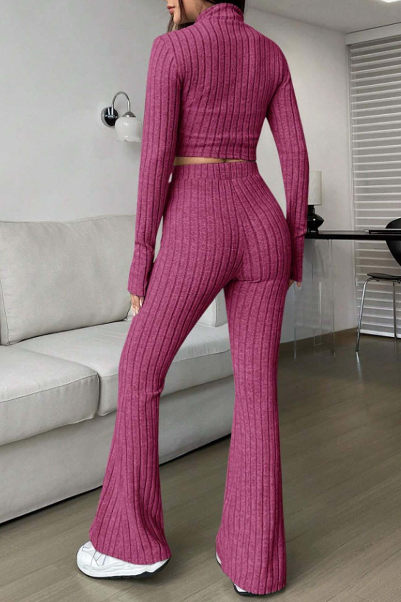 Women's zip long sleeve ribbed crop top and hig-waisted flared pants set