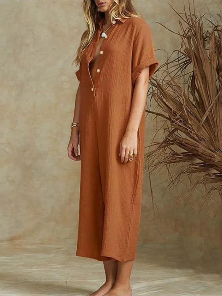 Women's Jumpsuit - Lightweight Cotton - Wide-Leg Cropped - Button-Down Collar