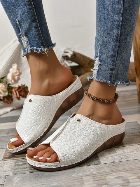 Women's Open-Toe Wedge Sandals - Croc Texture - Slip-On Comfort