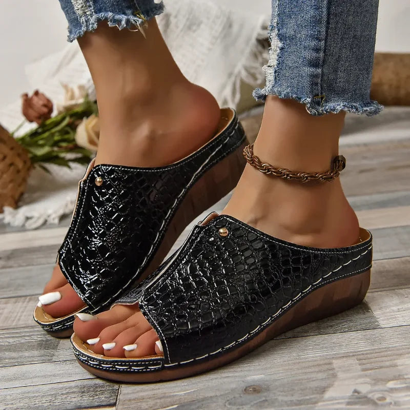 Women's Open-Toe Wedge Sandals - Croc Texture - Slip-On Comfort